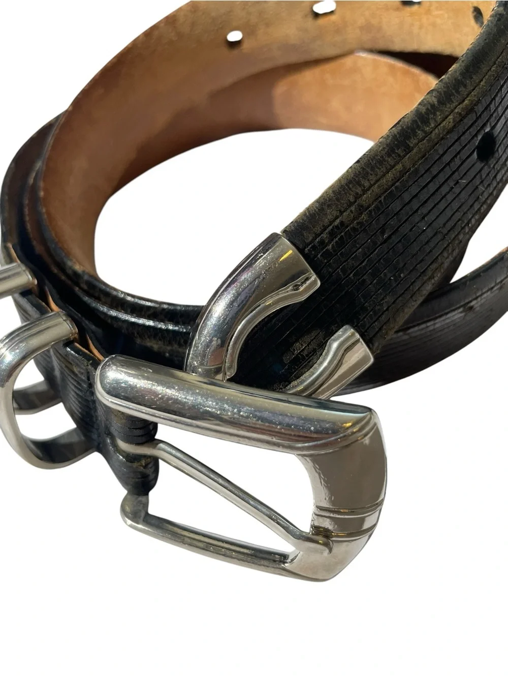 Cale Black Leather Western Silver Brass Tip And Buckle Belt Mens Sz 36 Spain